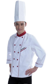 Áo bếp trắng viền đỏ tay dài may theo yêu cầu