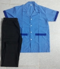 Bộ tạp vụ áo kate siêu màu xanh viền xanh, quần thun đen hinh1